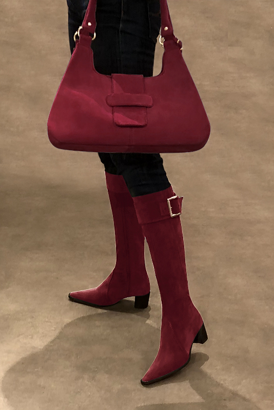 Burgundy red women's feminine knee-high boots. Tapered toe. Medium block heels. Made to measure. Worn view - Florence KOOIJMAN